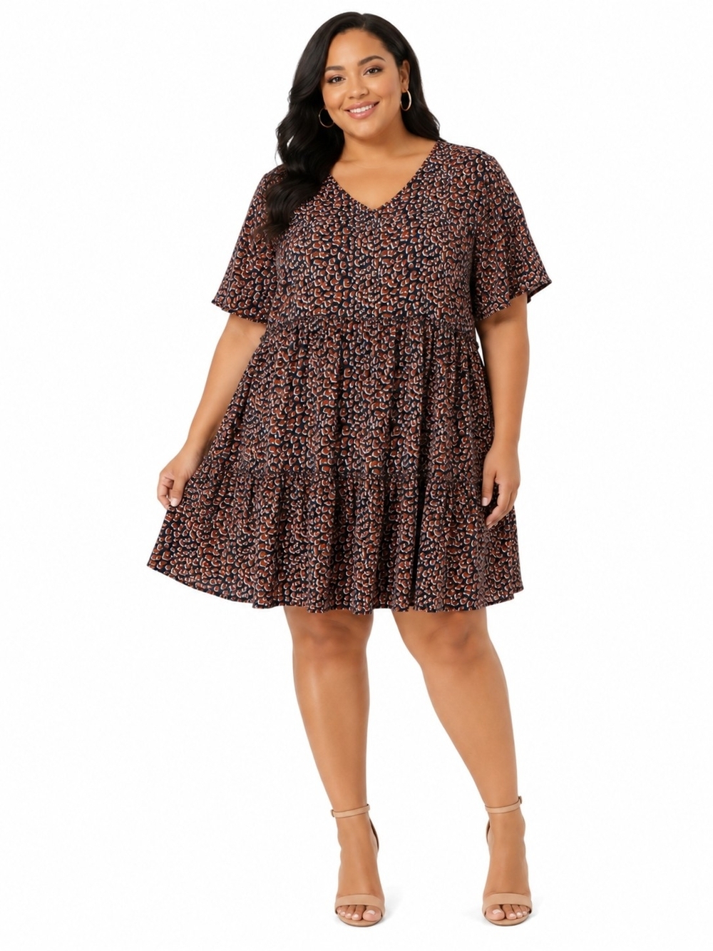 ODDI Navy & Rust Animal Print Tiered V-Neck Mini Dress